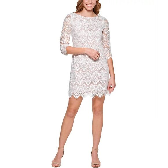 NEW Jessica Howard Petite White Ivory Tan Lace Overlay Sheath Dress 3/4 Sleeve - Picture 1 of 10